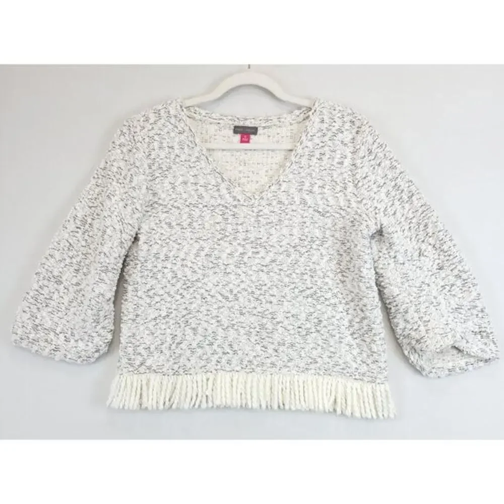 Vince Camuto Fringe‎ Trim Textured Sweater Women XS V Neck White Black Cozy Knit